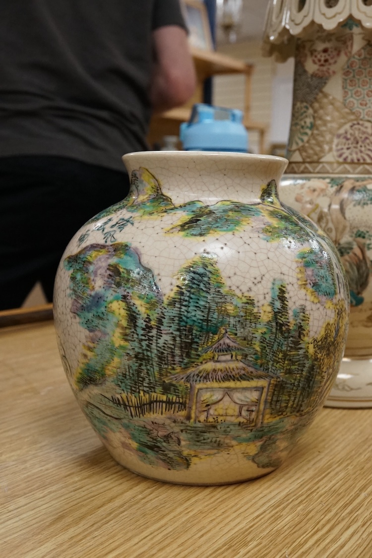 A Japanese satsuma vase and a Japanese earthenware vase, tallest 34.5cm